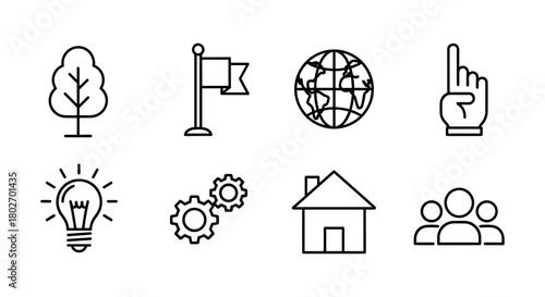 Minimalist line icons of tree, flag, globe, hand, bulb, gears, house, people for infographics
