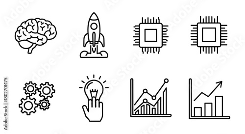Linear icons for innovation and technology: brain, rocket, microchip, gears, lightbulb, graphs