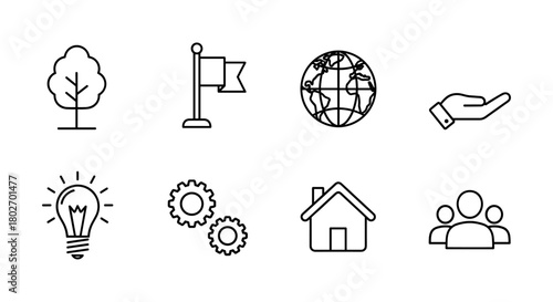 Minimalist icon set featuring tree, flag, globe, and more