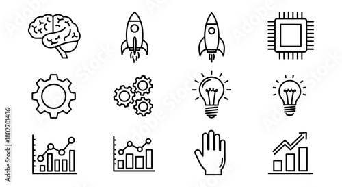 Black and white linear icons featuring innovation and technology