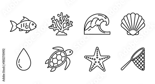 Ocean elements: linear icons of sea life and beach themes
