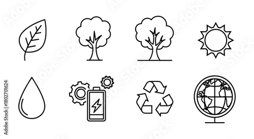 Simple eco icons: nature, energy, and sustainability themes in minimalist style