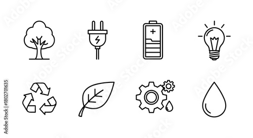 Eco-friendly icons: energy, nature, and sustainability line art collection