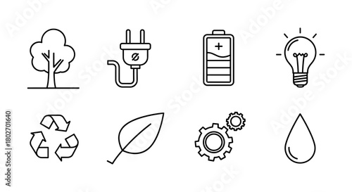 Sustainable energy and environment icons in simple linear style