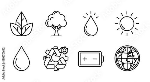 Eco-friendly icons: nature, recycling, and energy outlined symbols