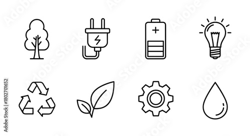 Eco-friendly icons set: nature, energy, and sustainability in line art