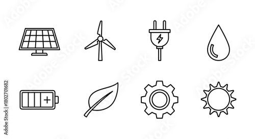 Renewable energy icons set: solar panel, wind turbine, battery, leaf, plug