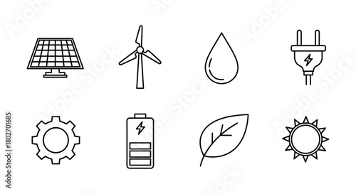 Eco-friendly energy icons set in linear style featuring solar, wind, and water elements