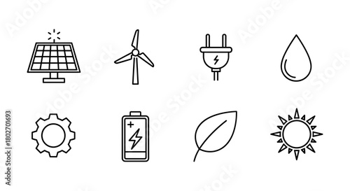 Renewable energy icons set: solar panel, wind turbine, electric plug, water drop, gear, battery, leaf, sun