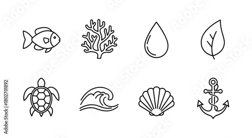 Minimalist ocean and nature icons collection for eco-themed designs