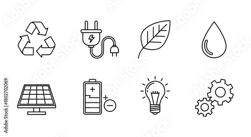 Eco-friendly technology and sustainability icons for renewable energy solutions