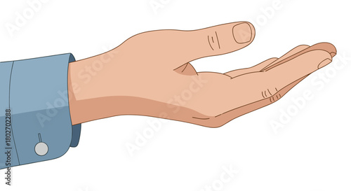 Outstretched open hand gesture in flat style with blue shirt sleeve