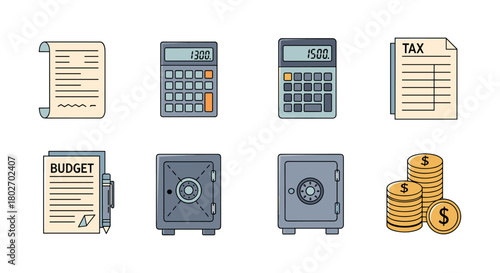 Financial management line art: calculators, safes, tax and budget documents