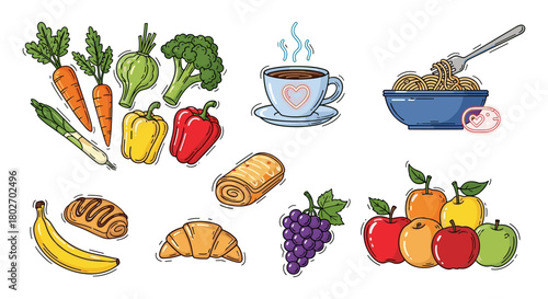 Colorful food variety with fresh vegetables, fruits, coffee, and pastries in a minimalist style