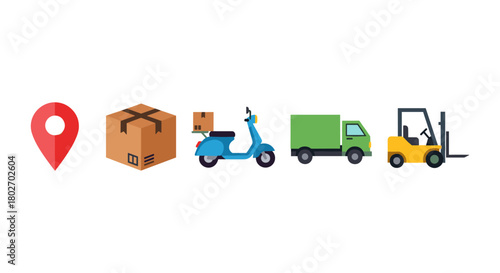 Logistics and delivery icons: pin, box, scooter, truck, forklift