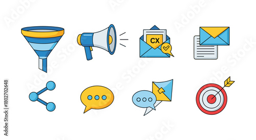 Marketing and communication icons for digital strategy and customer engagement