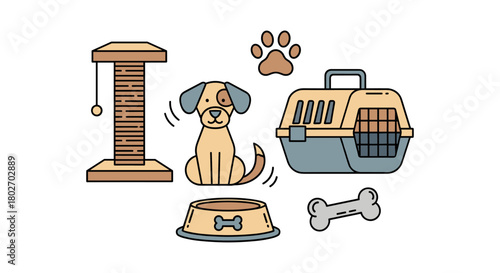 Pet care essentials: cute dog and accessories in flat design