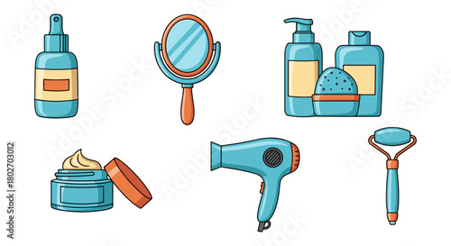 Beauty care essentials collection featuring hairdryer, mirror, and skincare products in a modern flat style
