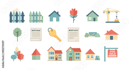 Real estate and home buying icons featuring keys, houses, and mortgages in a flat design
