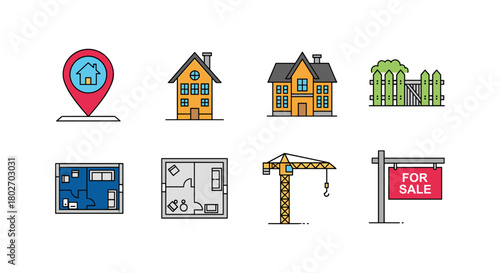 Real estate line icons set featuring house, construction, and sale elements
