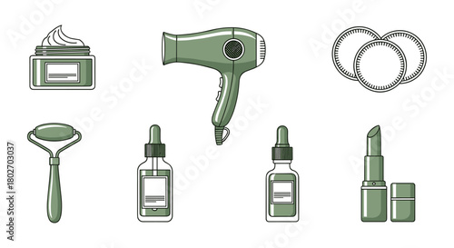 Beauty and personal care essentials in modern linear art style