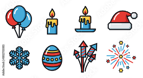 Colorful festive icon set featuring celebration and holiday symbols