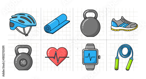 Colorful fitness equipment icons set featuring modern workout essentials