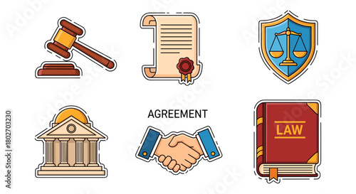 Legal icons set: gavel, contract, shield, courthouse, handshake, law book