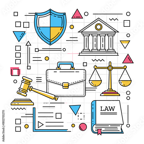 Linear law and justice symbols with scales, gavel, and legal icons