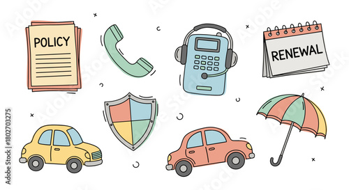 Colorful doodle insurance symbols including cars, calculator, and shield with umbrella