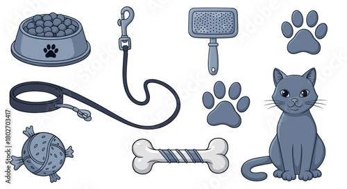 Cute cat and pet accessories in blue tones with paw prints and toys