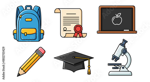 Education essentials: backpack, diploma, blackboard, pencil, graduation cap, microscope