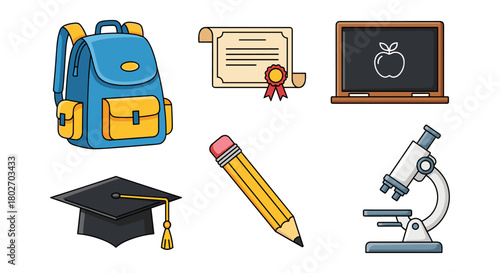 Educational elements: backpack, diploma, chalkboard, graduation cap, pencil, and microscope