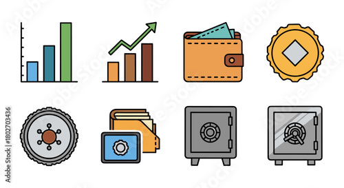 Colorful finance and security icons featuring wallets, safes, and graphs in linear style