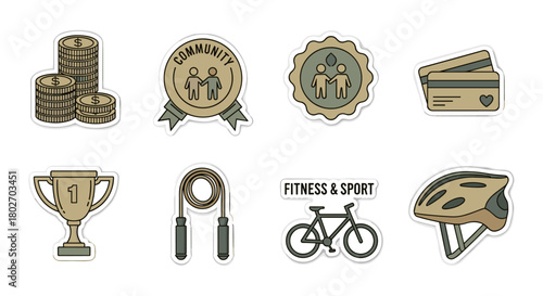 Fitness and sport icons set with trophy, jump rope, and bicycle in retro style