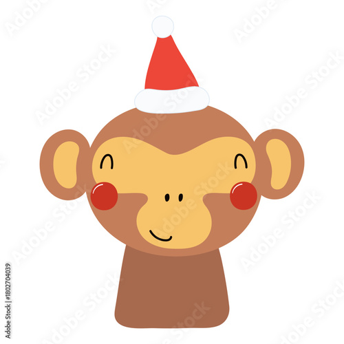 Monkey in a Santa Claus hat isolated on transparent. Hand drawn flat vector i...