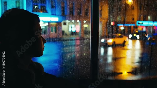 Silhouette of person looking out rainy window at city street with car lights at night time