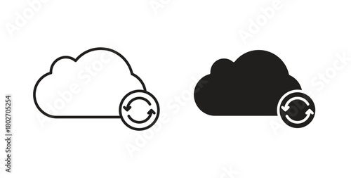Cloud sync icon flat vector illustration. Black Thin Line Icon Emblem Concept