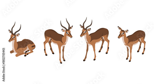 Elegant antelopes: graceful standing and resting gazelles in minimalist style
