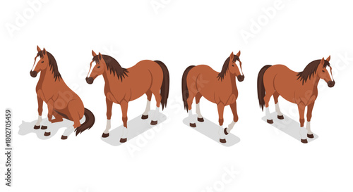 Isometric horses in various poses on white background