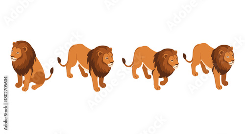 Animated lion sequence in isometric style: four poses of majestic big cat