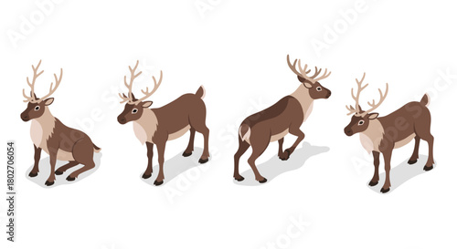 Isometric reindeer set with various poses