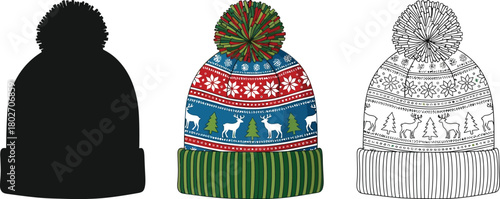 Three winter hats in different styles silhouette, color and outline knitted hat with pompom vector illustration