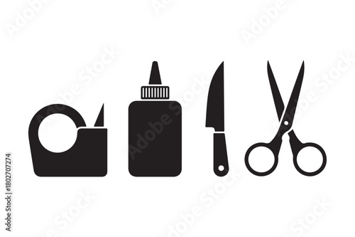 Crafting tools silhouette set including tape glue knife and scissors