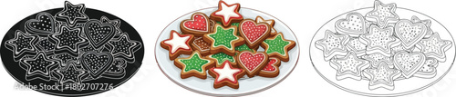 Three versions of a plate of christmas cookies silhouette, color, and outline, for holiday designs and treats
