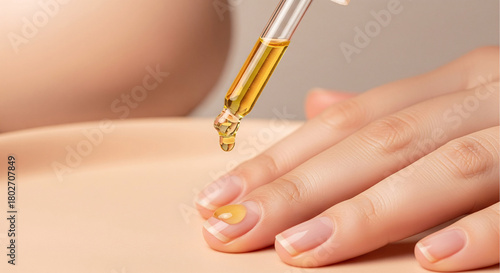 Applying nourishing cuticle oil from a glass pipette onto a woman's clean, manicured nails. Concept for professional manicure, hand care, beauty treatment, and nail strengthening. Close-up macro shot.