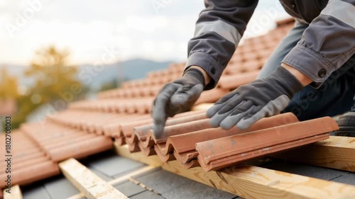construction worker placing terracotta roof tiles on wooden structure during house roofing process at sunset