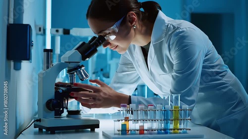 Woman in lab coat examining sample through microscope with test tubes in a scientific setting