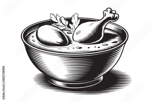 Vintage illustration of a hearty chicken and egg soup