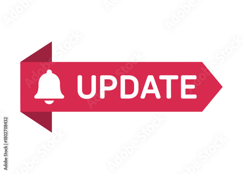 A bright red arrow-shaped banner with a bell icon and the word 'UPDATE' is displayed on a white background.